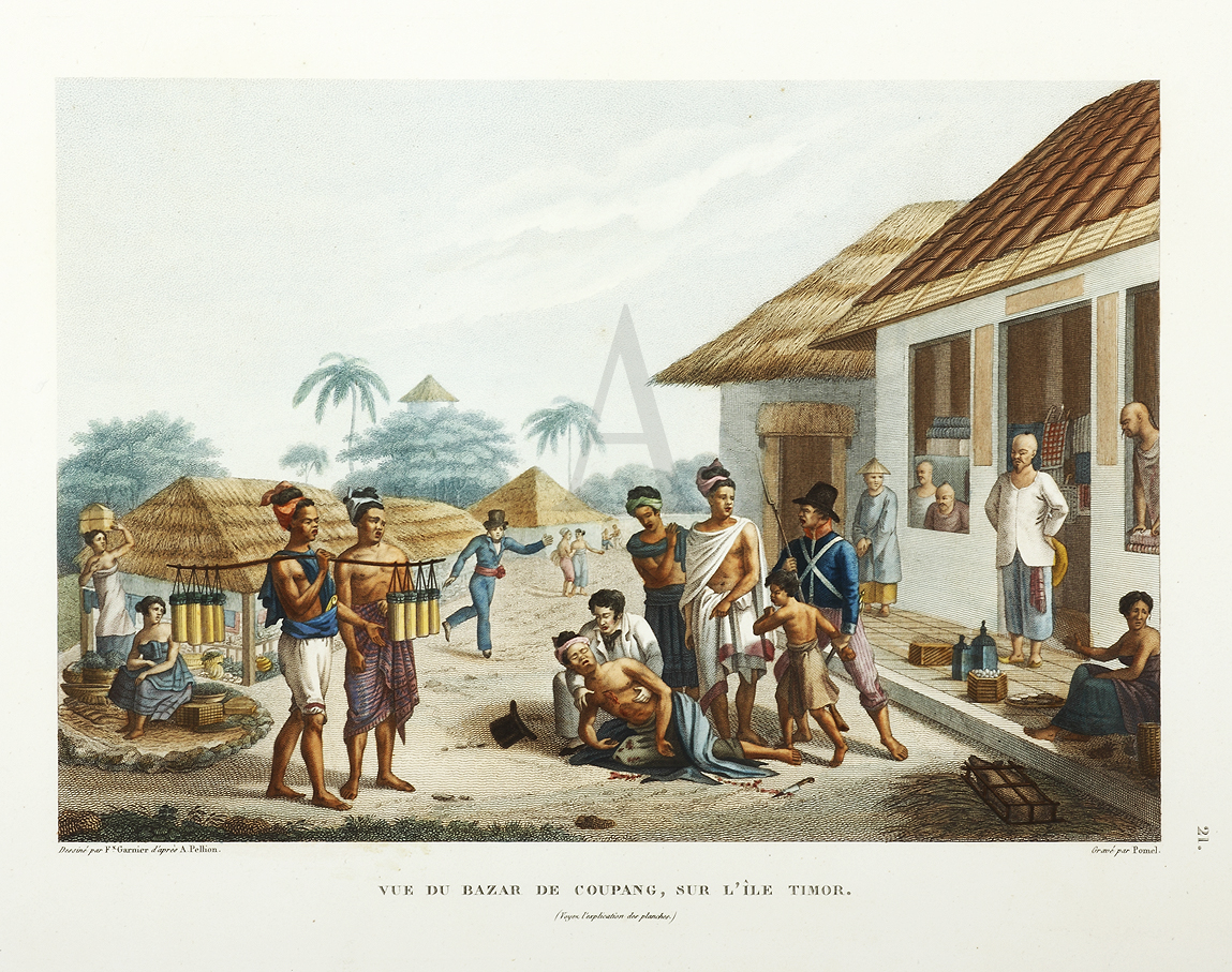 Vue Du Bazar De Coupang, Sur L'Ile Timor. - Antique Print from 1825