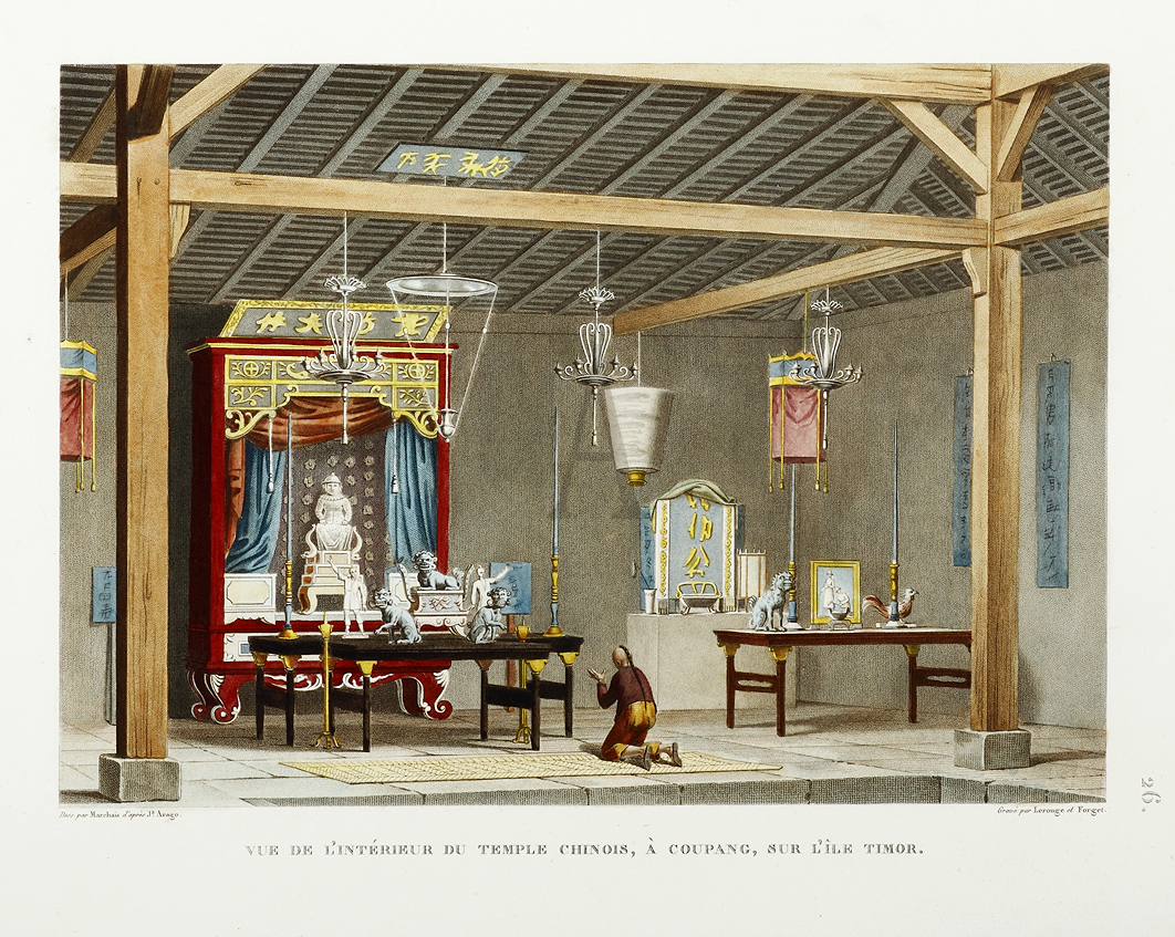 Vue De L'Interieur Du Temple Chinois, A Coupang, Sur L'Ile Timor - Antique Print from 1825