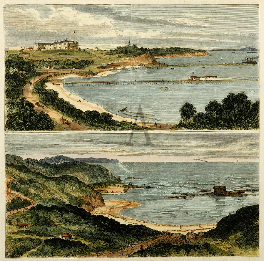 Sorrento and the Back Beach. - Antique Print from 1876