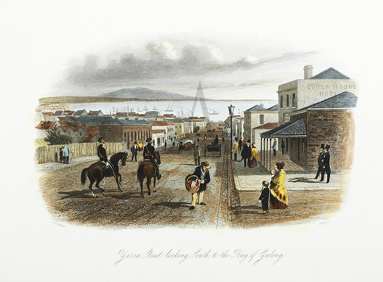 Yarra Street looking South, to the Bay of Geelong. - Antique Print from 1857