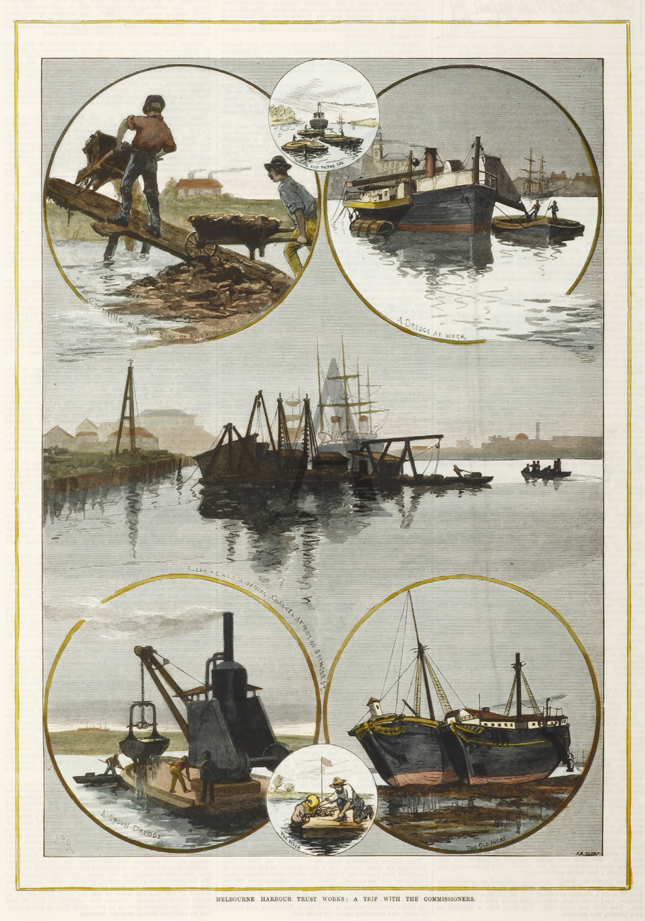 Melbourne Harbour Trust Works: A Trip with the Commissioners. - Antique Print from 1882