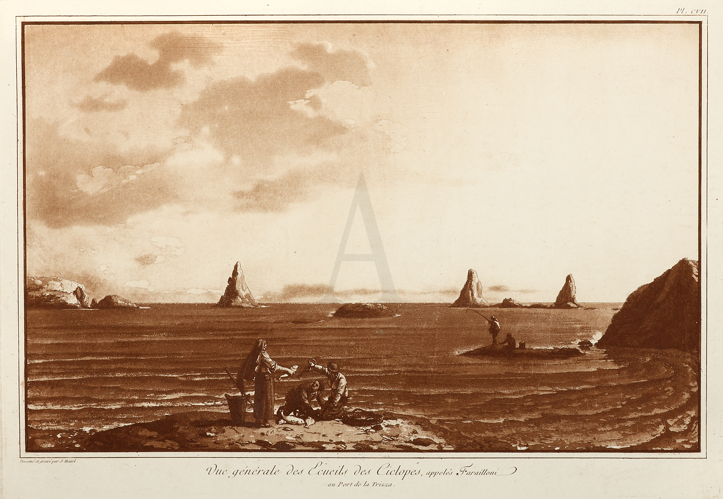 Vue generale des Ecueils des Ciclopes, appeles Farailloni au port de la Trizzia.. - Antique Print from 1787