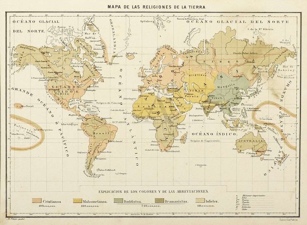 Mapa De Las Religiones De La Tierra - Antique Print from 1885