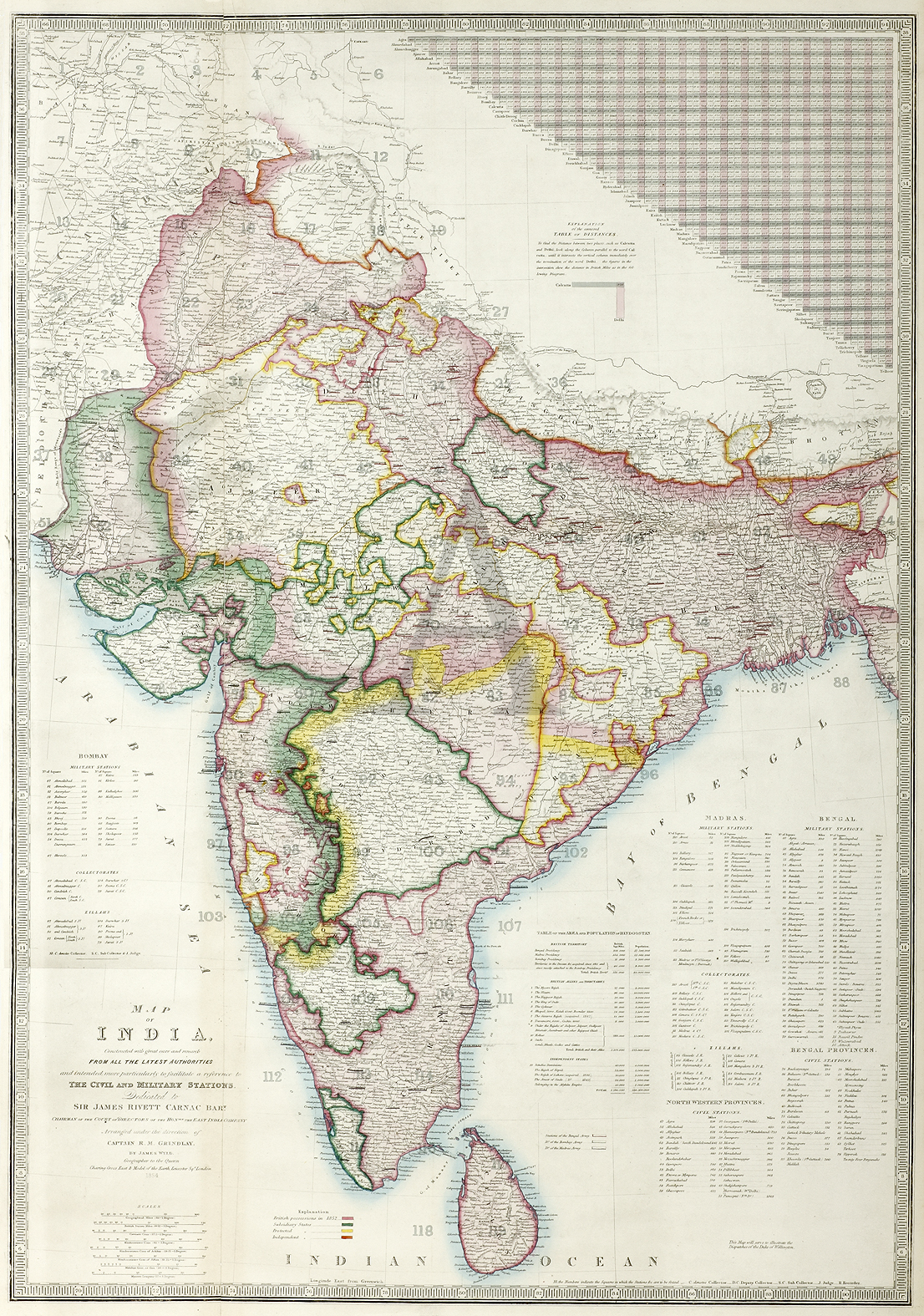Map of India, Contructed with great care and research FROM ALL THE LATESTS AUTHORITIES and intended more particularly to facilitate a reference to the Civil Authorities and intended more particularly to facilitate a reference to THE CIVIL AND MILITARY STA - Antique Print from 1855