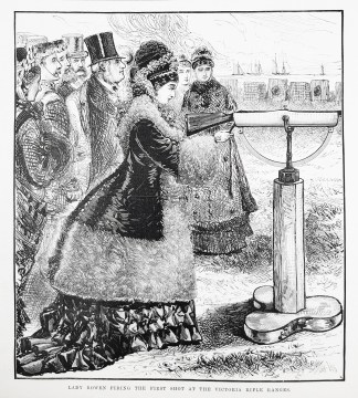 Lady Bowen firing the first shot at the Victoria Rifle Ranges. - Antique Print from 1878