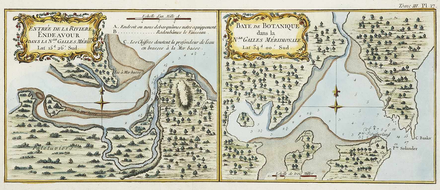 Entree de la Riviere Endeavour.  Baye de Botanique dans la Nle. Galles Meridionale. - Antique Map from 1774