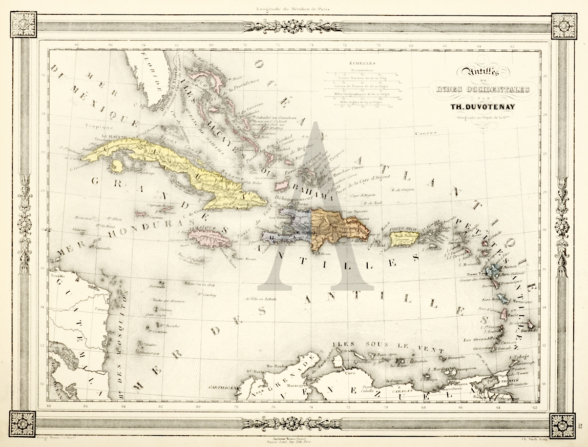 Antilles on Indes Occidentales - Antique Print from 1843