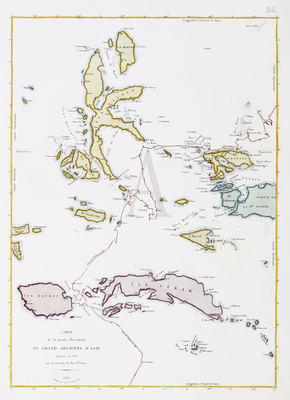 Carte de la partie Orientale du Grand Archipel D'Asie Traversee en 1818 par la corvette du Roi l'Uranie. - Antique Print from 1825