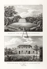 Grabmal des Hauptlings Tongamana. Wohnung der Englischen Missionairs in Hito (Tonga-Tabu).