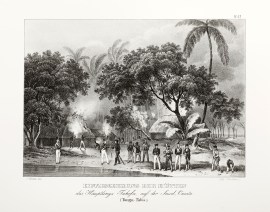 Einaescherung der Hutten des Hauptlings Tahofa, auf der Insel Oneata. (Tonga=Tabu.)