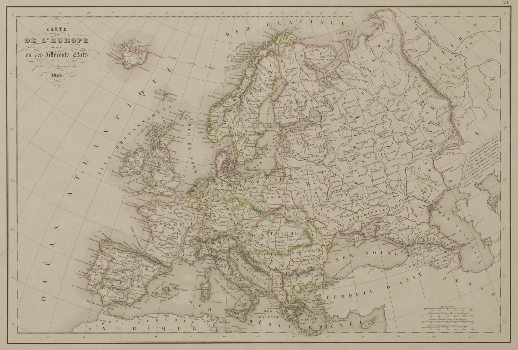 Carte de L'Europe Divisee en ses Differents Stats - Antique Print from 1851