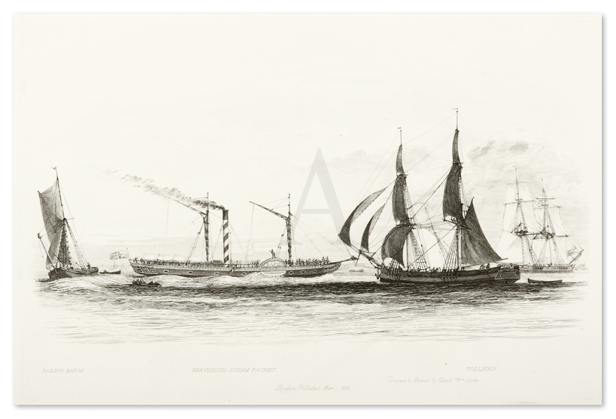 Sailing Barge, Gravesend Steam Packet, Colliers. - Antique Print from 1829