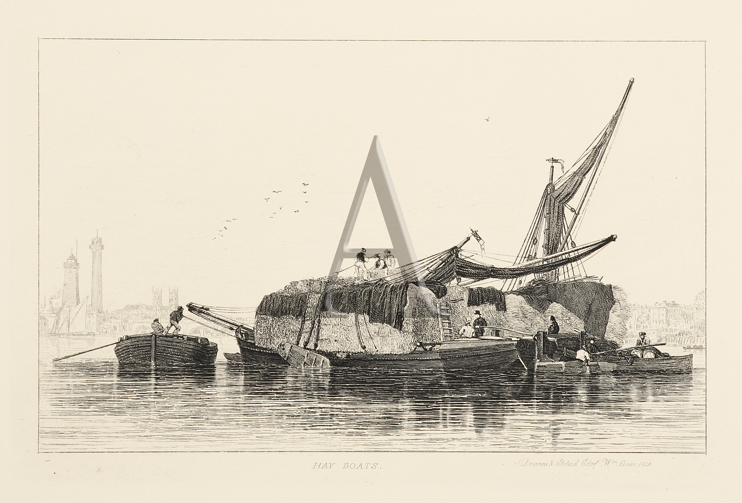 Hay Boats. - Antique Print from 1829