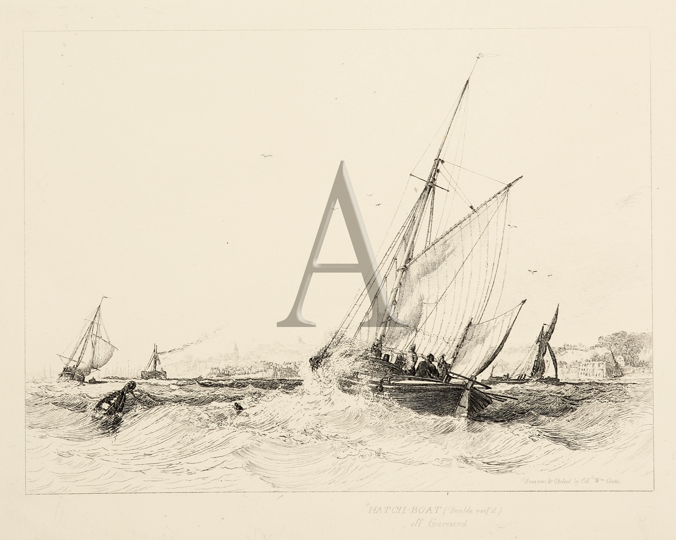 Hatch-Boat (Double reef'd) off Gravesend. - Antique Print from 1829