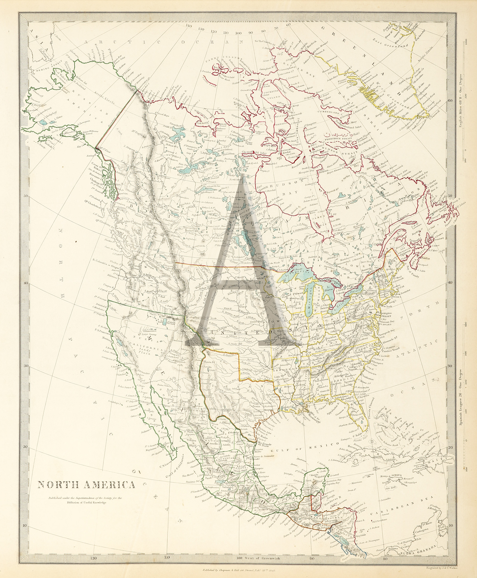 North America - Antique Print from 1843