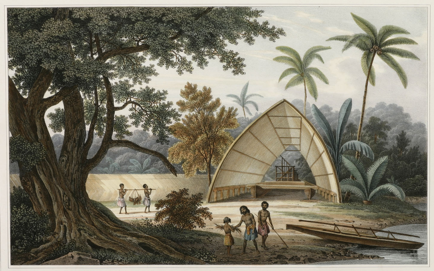 Vue D'un Hanger abritant la pirogue de guerre du Chef Palou - Antique View from 1833