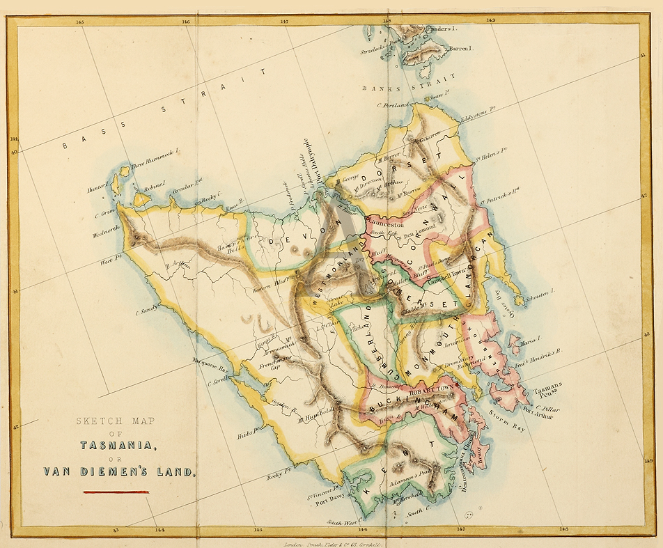 Sketch Map of Tasmania, or Van Diemen's Land. - Antique Print from 1845