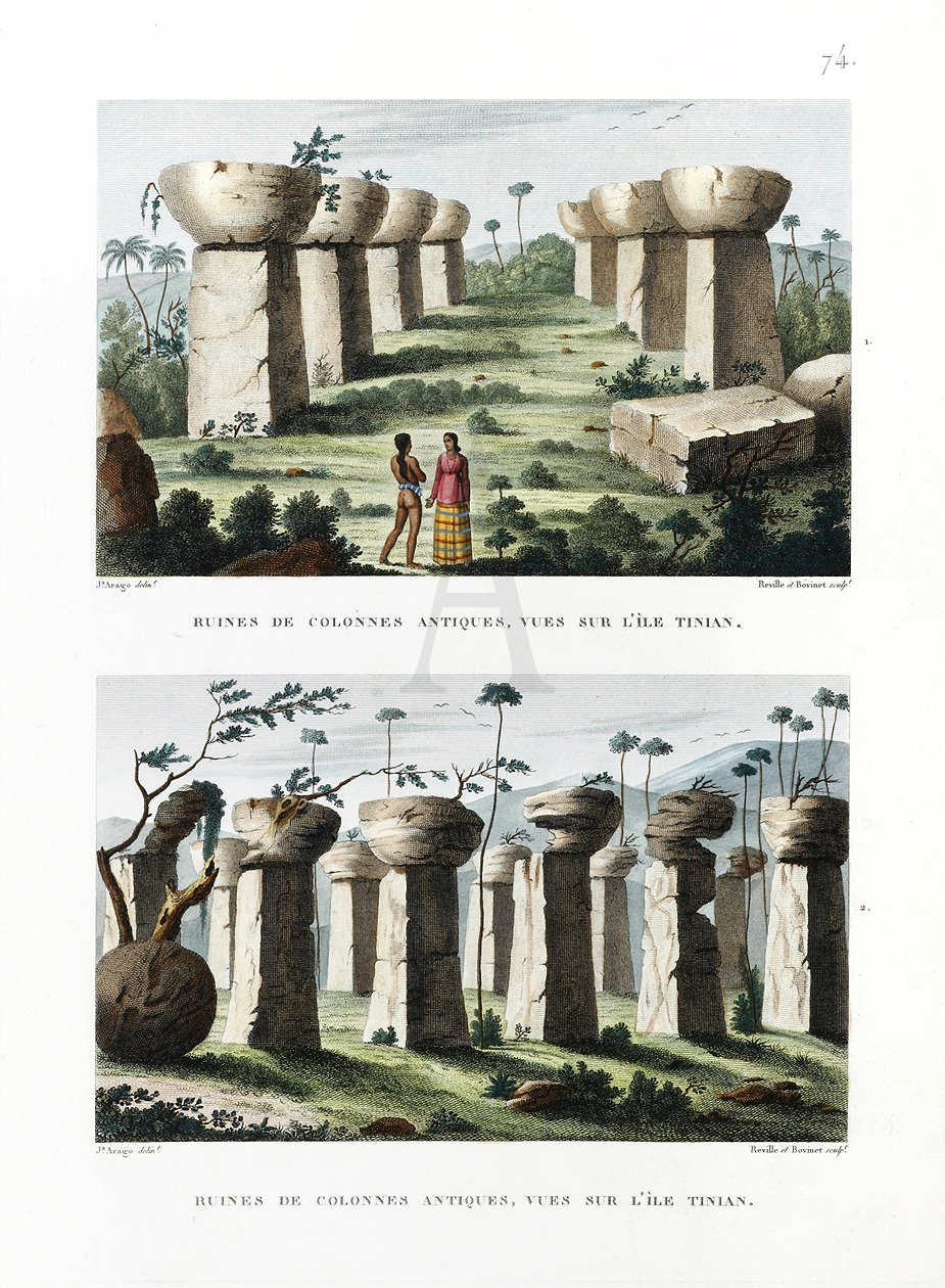Ruines de Colonnes Antiques, Vues sur L'Ile Tinian. - Antique Print from 1825