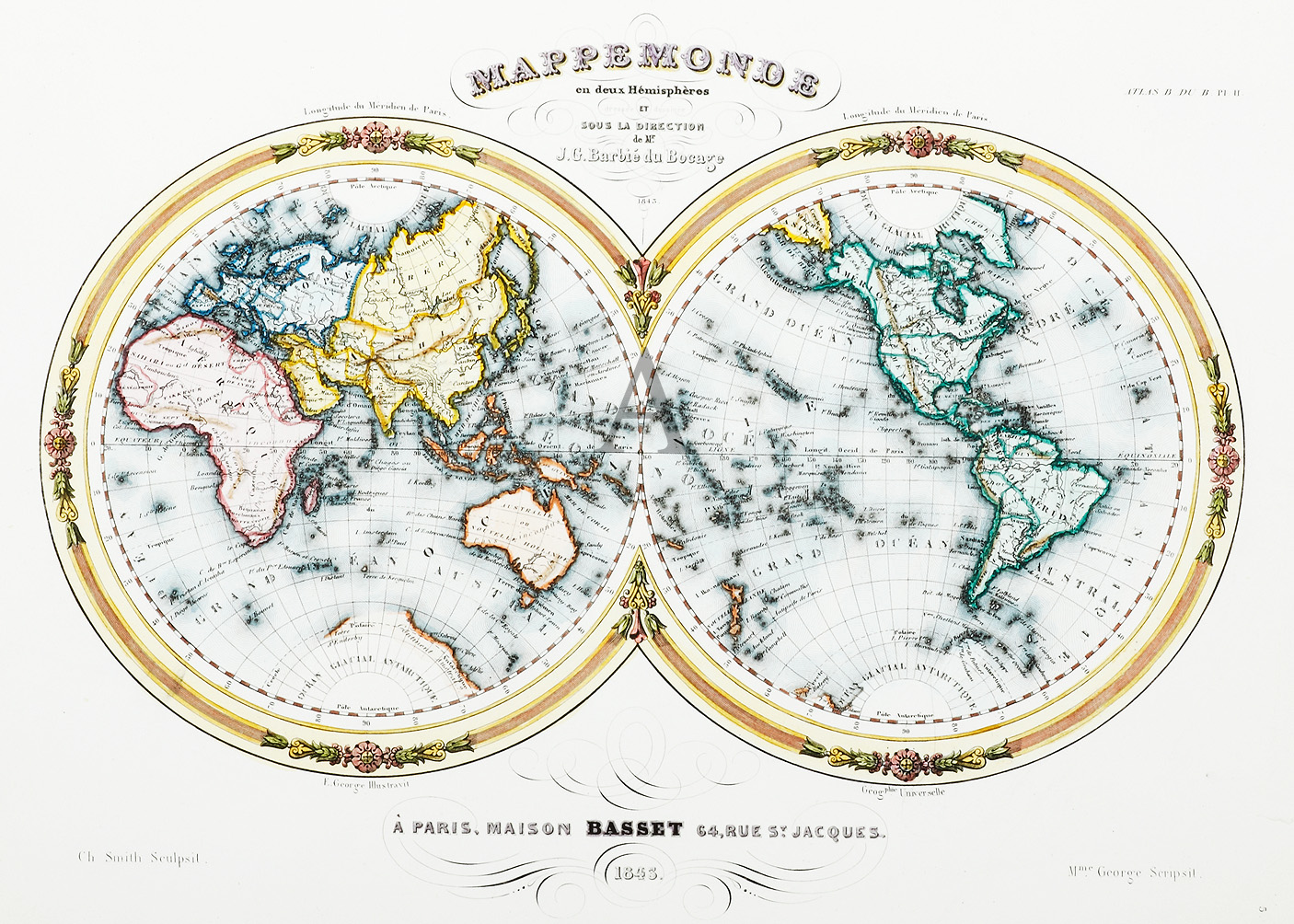 Mappe Monde en Deux Hemisphere. - Antique Print from 1848