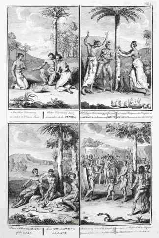Another Ceremony in order to obtain rain. A religious ceremony performed at Guinea in honour to Deity. Their commemoration of the dead. The ceremony observed by people of Guinea at Circumcision of their child. - Antique Print from 1723