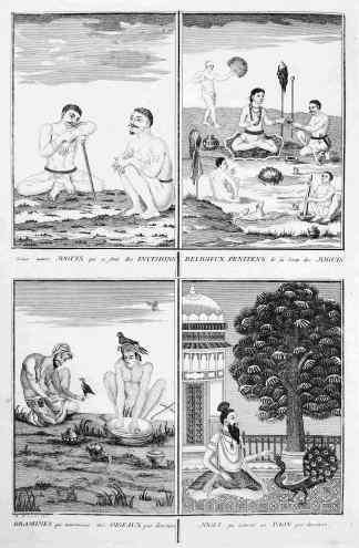 Deux - autres Joguis qui se font des Incisions. Religieux Penitens de la Secte des Joguis. Bramines qui nourrissent des Oiseaux par devotion. Jogui qui nourrit un Paon par devotion. - Antique Print from 1723