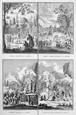 Jumala divinite des lapons. Wirku - accha divinite des lapons. Thoron divinite des lapons. Stor - junkare divinite des lapons. - Antique Print from 1723
