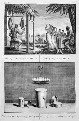 Moluquans playing on the Rabana. Diverse musical Instruments of the Moluquese. - Antique Print from 1723