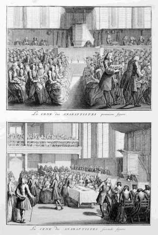 La cene des Anabaptistes premiere figure. La cene dec Anabaptistes seconde figure. - Antique Print from 1723