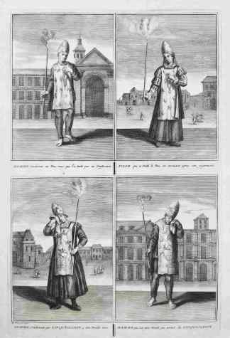 Homme condamne au Feu: mais qui l'a évité par sa Confession. Fille qui a évité le Feu, en avouant apres son judgement. Femme Condamne par L'Inquisition a etre Brulee vive. Homme qui va etre Brule par arrest de L'Inquisition. - Antique Print from 1723