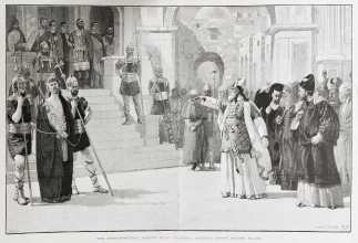 The Ober-Ammergau Passion Play: Caiaphas accusing Christ before Pilate. - Antique Print from 1890