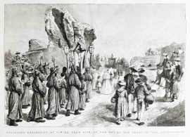 Religious Procession at Cimies, near Nice, on the Day of the Feast of the Annunciation. - Antique Print from 1885