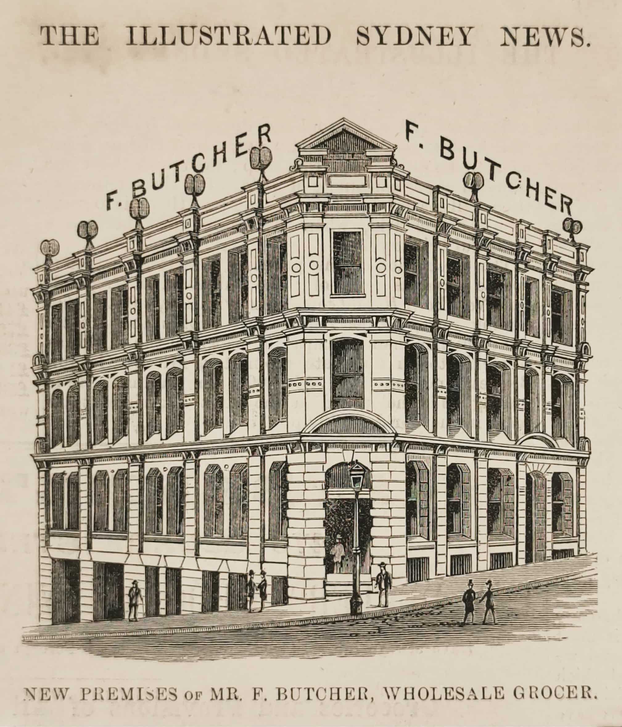 New Premises of Mr. F. Butcher, Wholesale Grocer. - Antique View from 1884
