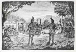 Maories Disputing Boundaries of Territory. - Antique View from 1866