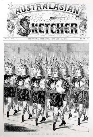 Our Christmas Pantomimes: March of Amazons. - Antique Print from 1875