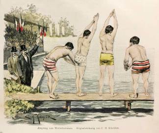 Absprung zum Wettschwimmen. - Antique Print from 1895