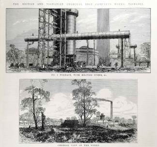 The British and Tasmanian Charcoal Iron Company's Works, Tasmania. - Antique View from 1876