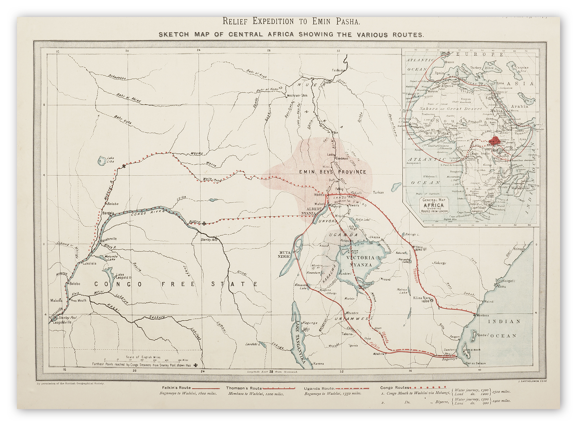 Relief Expedition to Emin Pasha. Sketch Map of Central Africa Showing the Various Routes. - Antique Map from 1887
