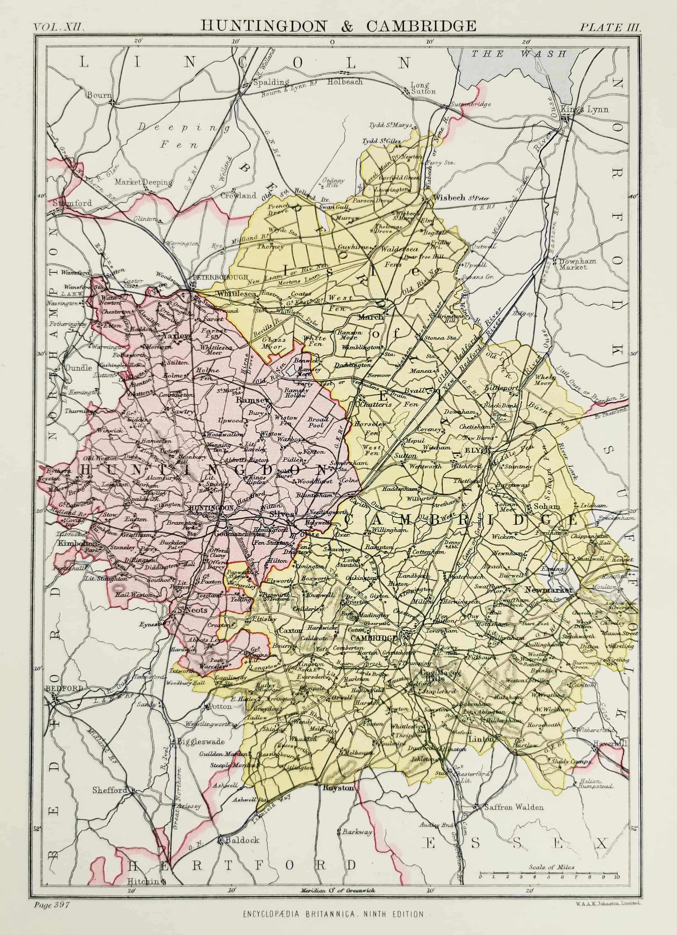 Huntingdon & Cambridge. - Antique Map from 1903