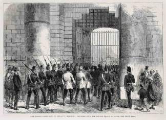 The Fenian Conspiracy in Ireland: Marching Prisoners into the County Prison at Cork. - Antique View from 1866