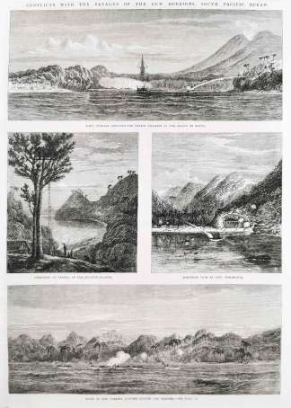 Conflicts with the savages of the New Hebrides, South Pacific Ocean. - Antique View from 1866