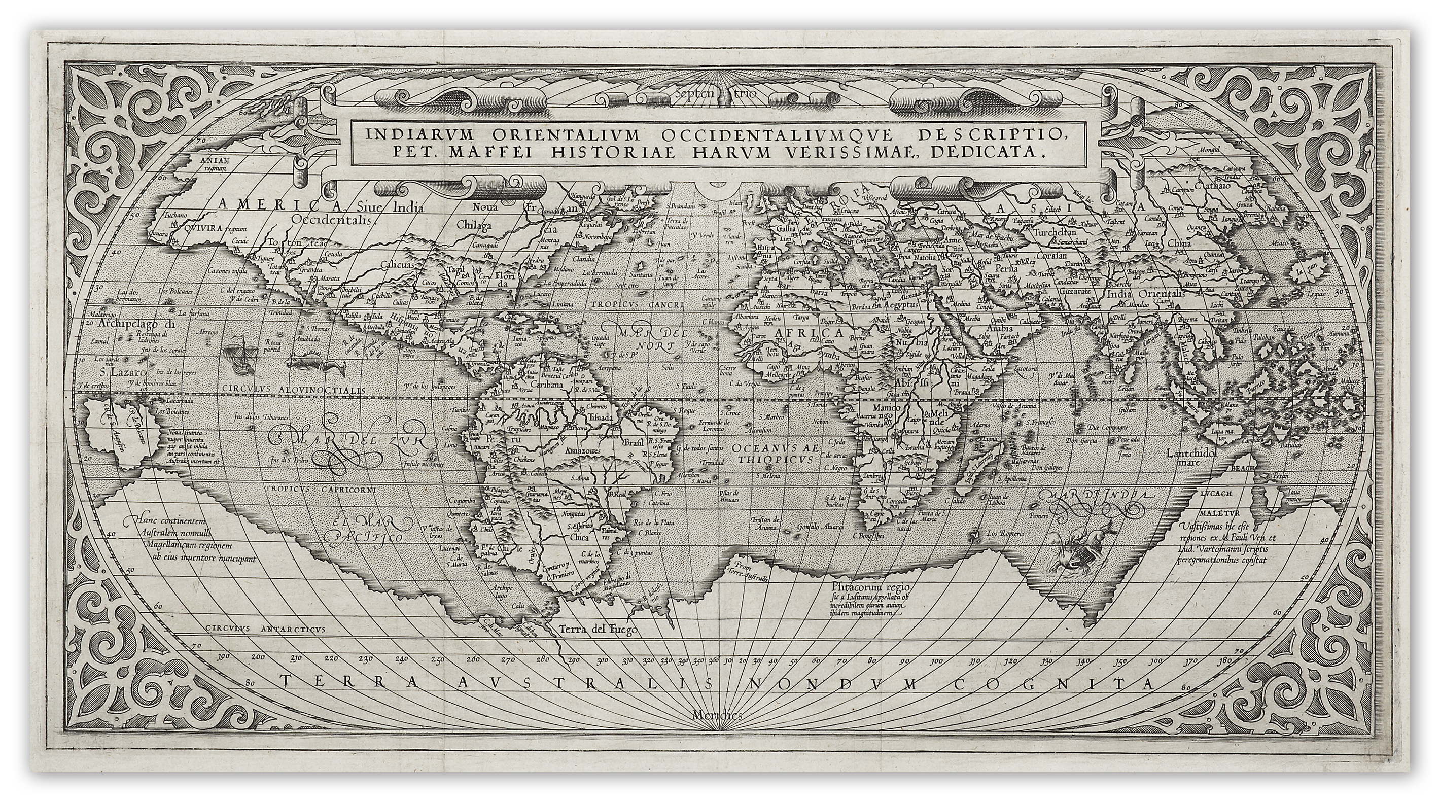 WORLD-Indiarum Orientalium Occidentalium que Descripto Pet. Maefei Historiae Harum Verissimae Dedicata. - Antique Map from 1589