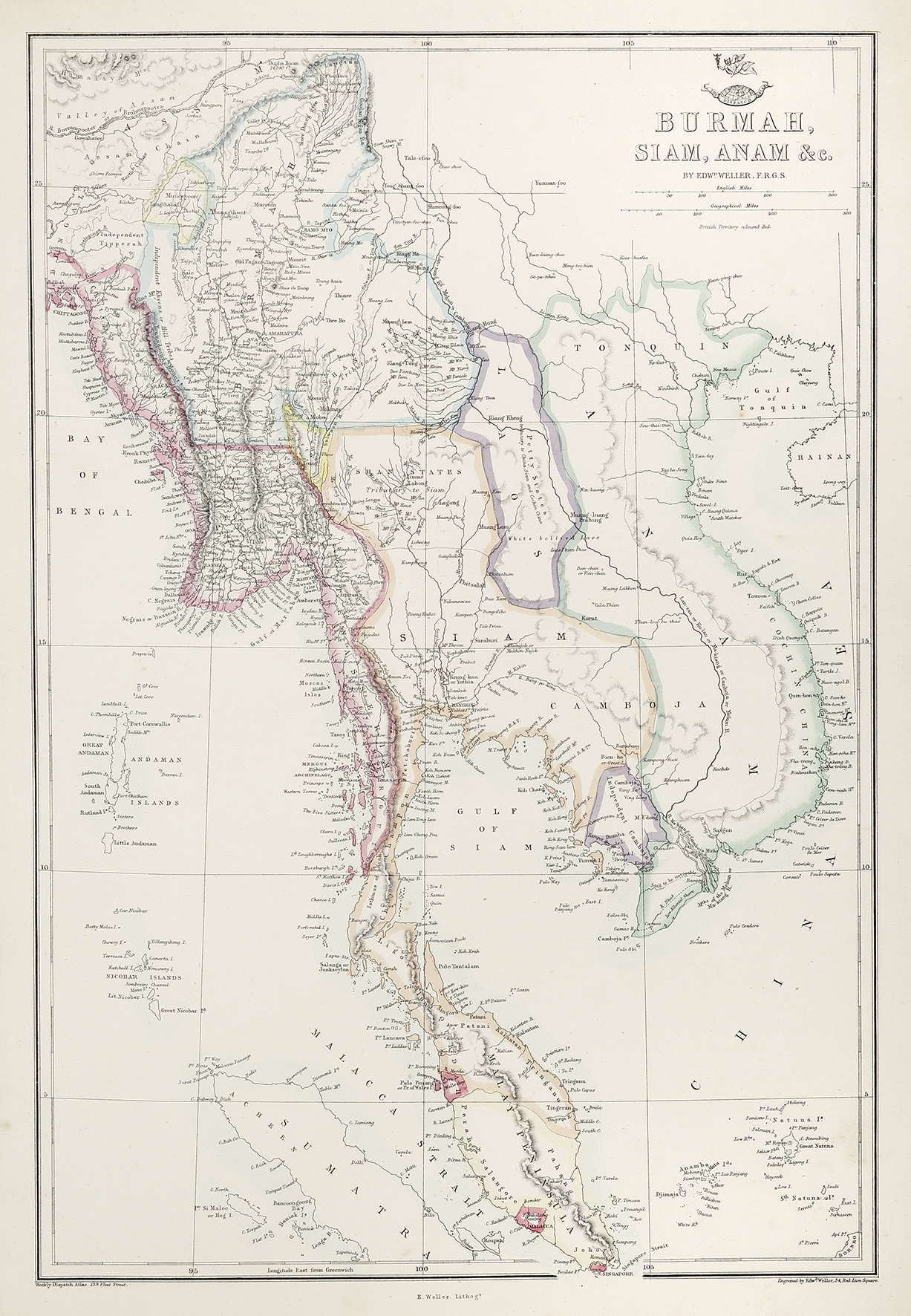 Burmah, Siam, Anam &c - Antique Map from 1863