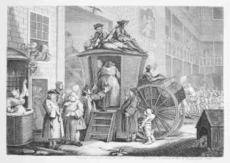 A Country Inn Yard at Election Time: The Stage-coach. - Antique Print from 1822