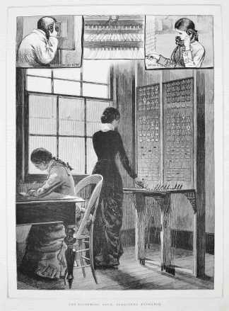 The telephone room, Melbourne Exchange. - Antique Print from 1881