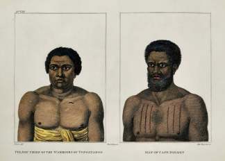 Feenou Chief of the Warriors of Tongataboo. Man of Cape Diemen - Antique Print from 1800