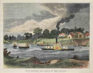 Wool Steamer and Barge on the Darling. - Antique View from 1884