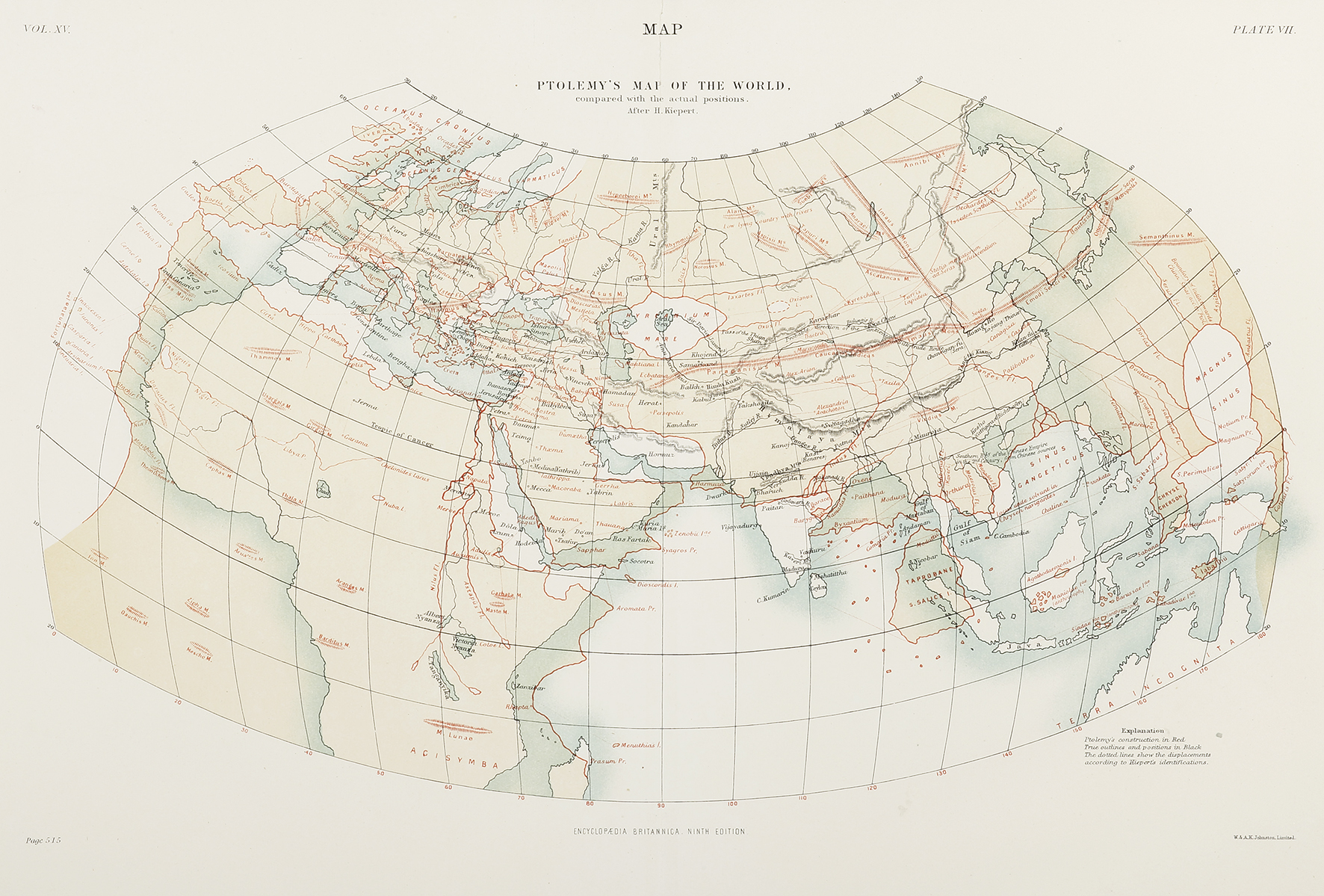 Ptolemy's Map of the World, Compared with the Actual Positions. After H.Kiepert. - Antique Map from 1885