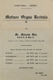 Town Hall Sydney / Matinee Organ Recitals by Malcolm Dick, - Vintage Ephemera from 1936
