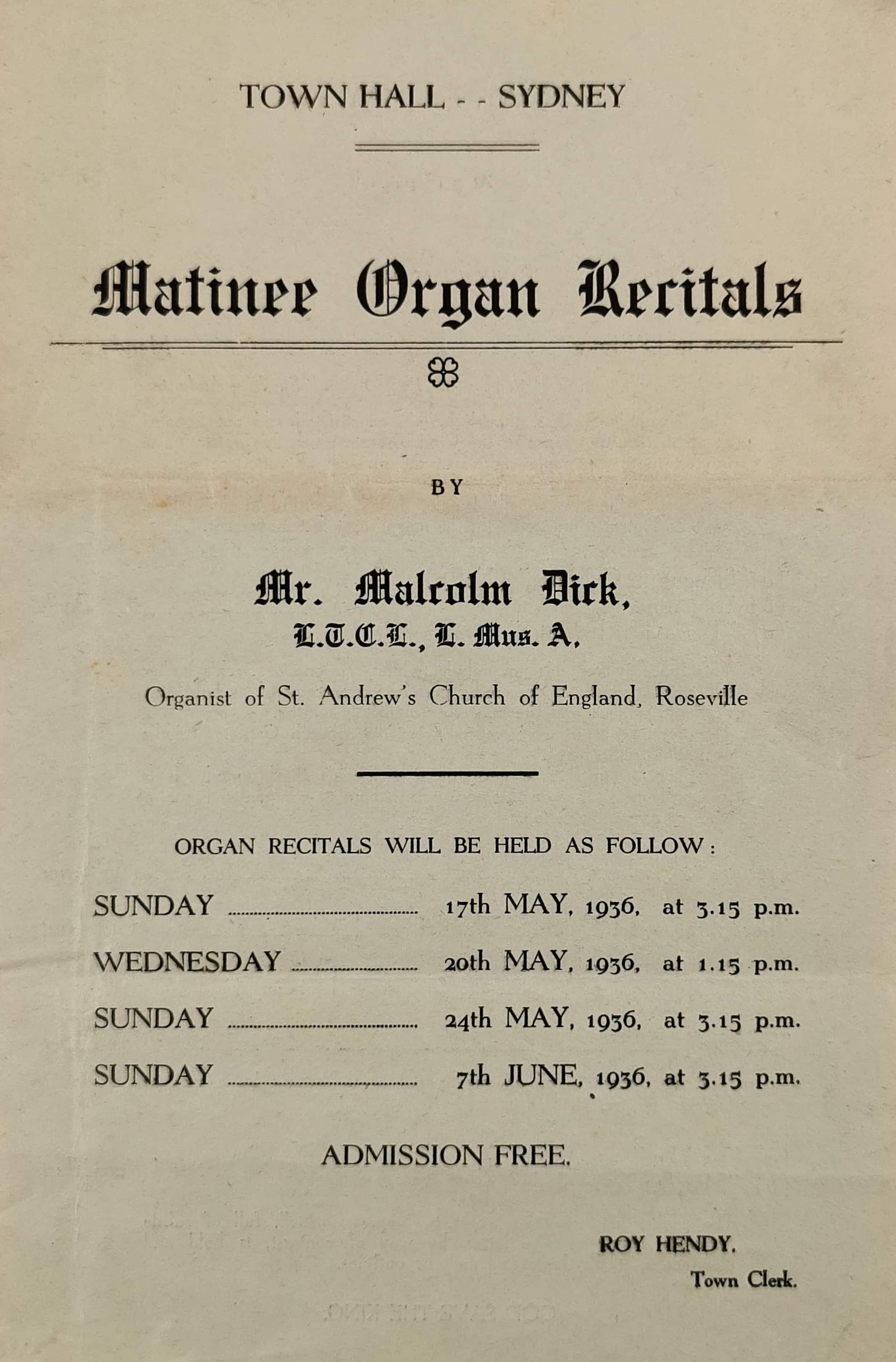 Town Hall Sydney / Matinee Organ Recitals by Malcolm Dick, - Vintage Ephemera from 1936