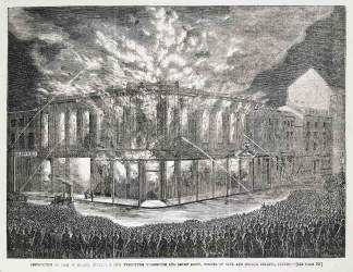 Destruction by Fire of Messrs.  Zuccani & Co's. Furniture Warehouse and Seven Shops, Corner of King and George Streets, Sydney. - Antique View from 1867